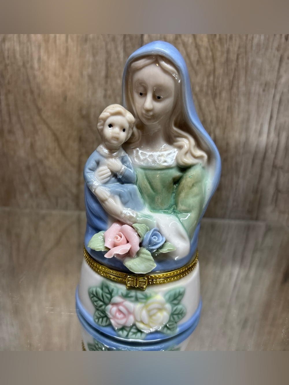 Vintage Religious Madonna Holding Baby Jesus Ceramic Trinket Box Mother Child